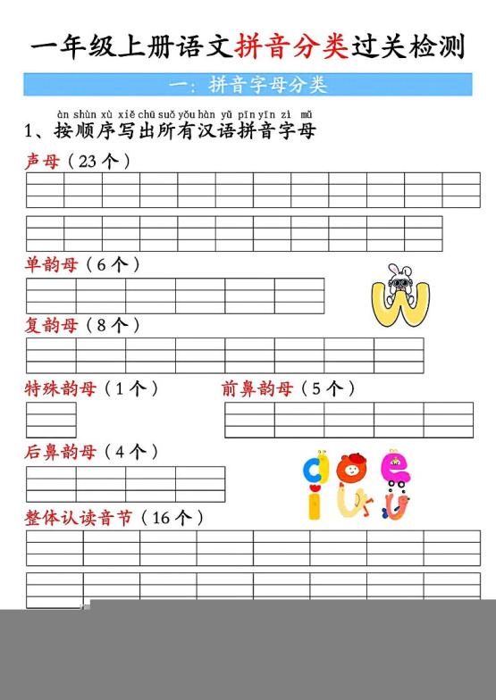 一上语文汉语拼音分类过关检测（含答案7页）