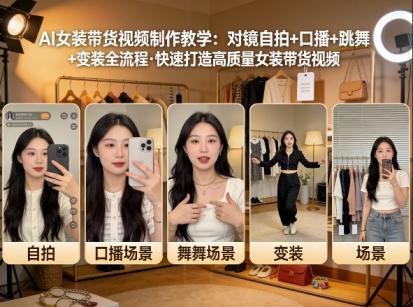 AI女装带货视频制作教学，对镜自拍、口播、跳舞、变装全流程，快速打造高质量女装带货视频