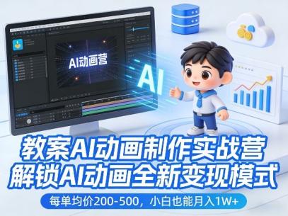 教案AI动画制作实战营，解锁AI动画全新变现模式，每单均价200-500，小白也能月入1W+