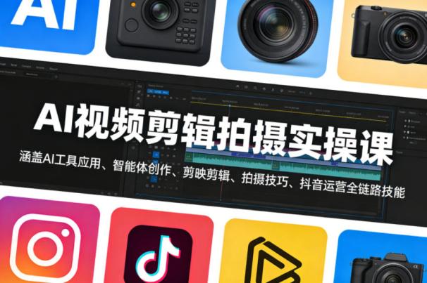 AI视频剪辑拍摄实操课,涵盖AI工具应用、智能体创作、剪映剪辑、拍摄技巧、抖音运营等全链路技能